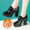 10cm Small Size 32-43 British Deep Mouth Platform Shoes Brogues Fall 2025 Block High Heels Shoes Genuine Leather Shoes Office