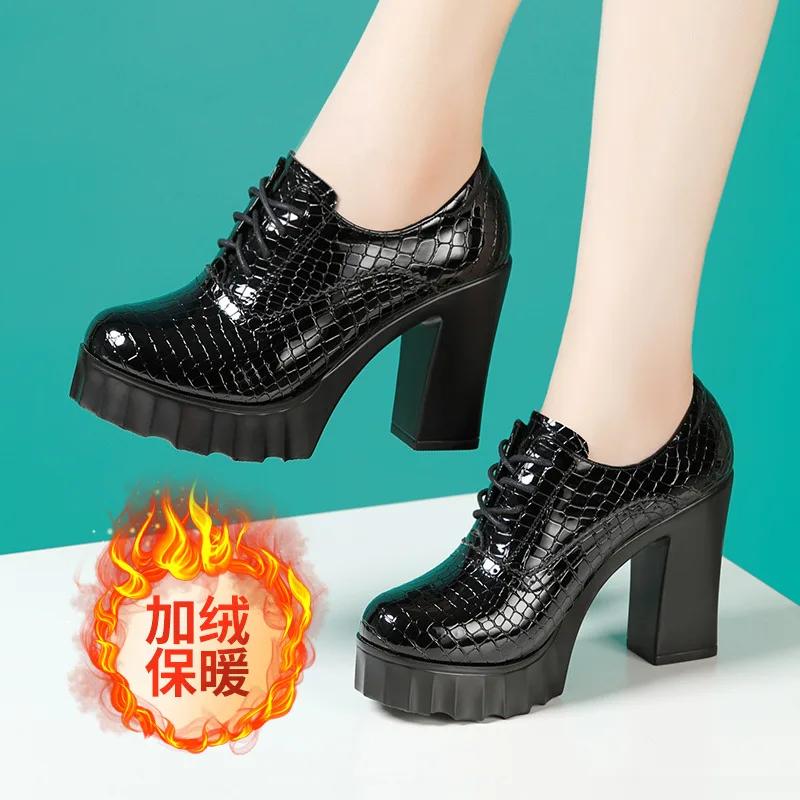 10cm Small Size 32-43 British Deep Mouth Platform Shoes Brogues Fall 2025 Block High Heels Shoes Genuine Leather Shoes Office