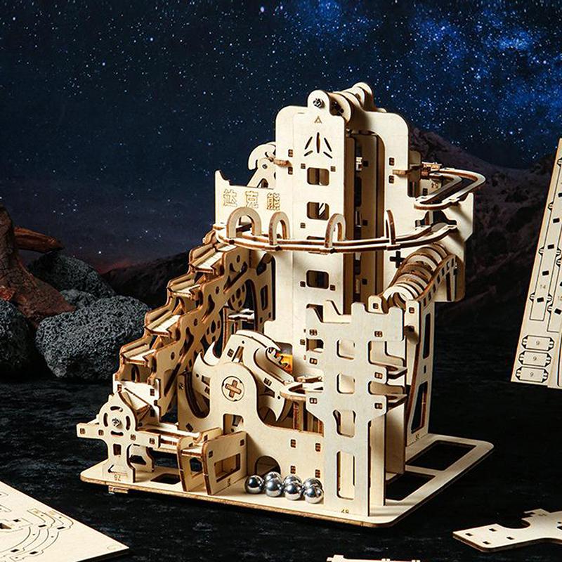 1 Set Marble Run Kit 3D Wooden Puzzles Electric Catapult Track Device Mechanical Model Science Maze Assembly Gift For Kids