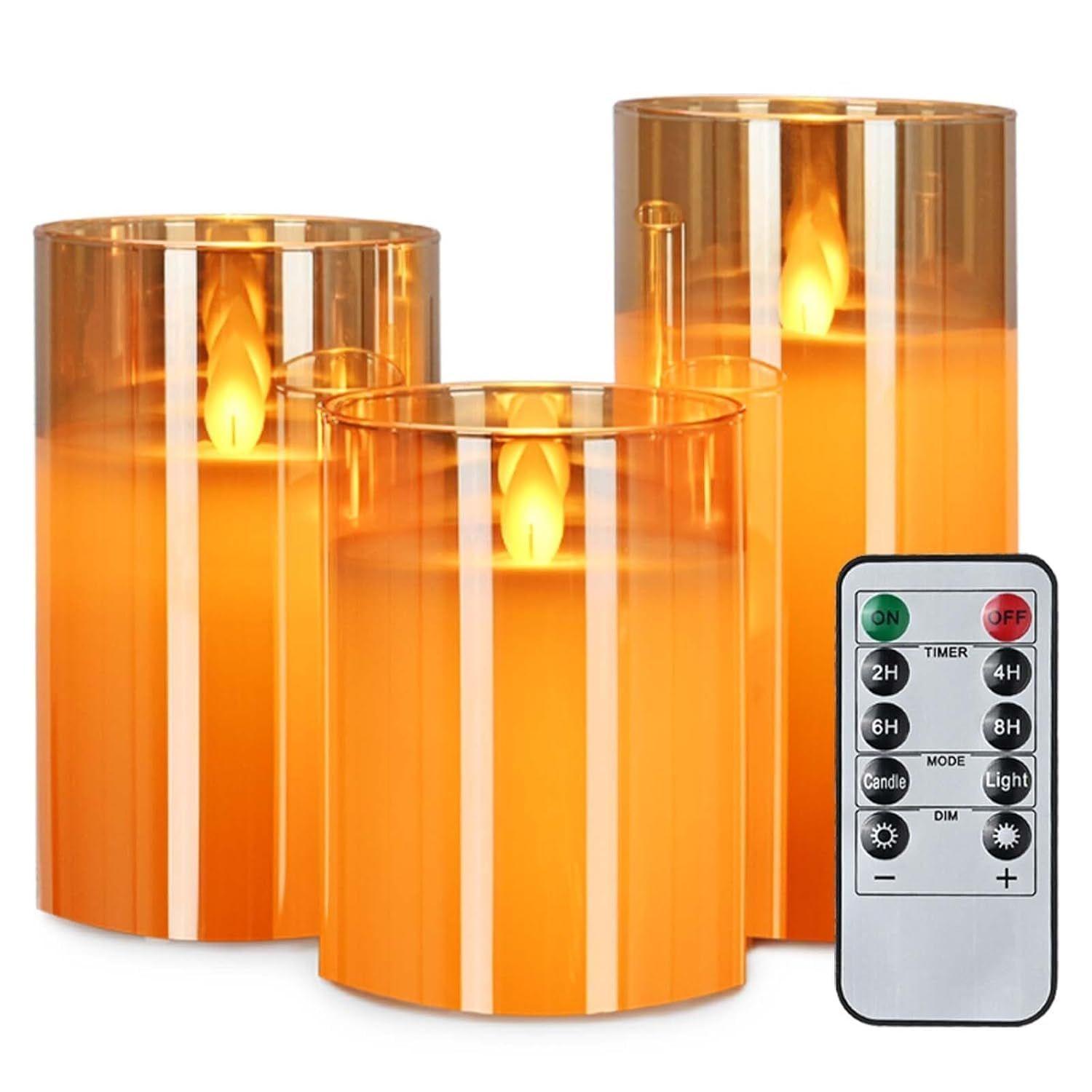 

Real Wax LED Glass Pillar Flameless Candles | Faux Dancing Wick | Amber Gold Glass | Battery Powered with Multifunctional Remote Controller Set of 3