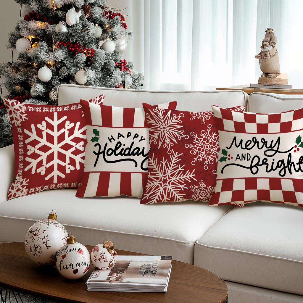1/4Pcs Red Christmas Pillowcase, Multi Shaped Snowflake Cushion Cover, Holly Leaf Christmas Greeting Design, Party Decoration