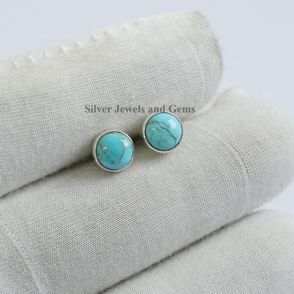 Round Turquoise Stud Earrings, Arizona Turquoise Studs, Tiny Stud Earrings, 925 Sterling Silver Studs, Gift for Daughter