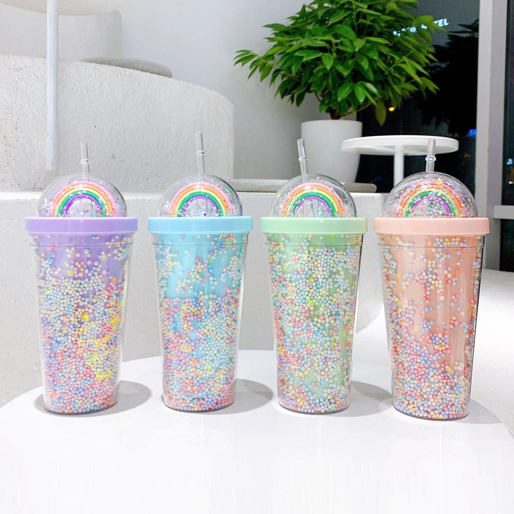 Korean Double-Layer Plastic Cup with Straw - Ideal for Breakfast, Juice, Milk, Home, or Office Use