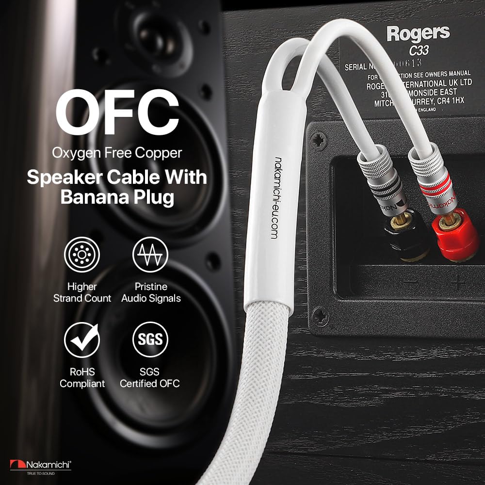 Nakamichi Excel Series 24k Gold Plated Banana Plugs and Speaker Cable Wire Oxygen Free Copper Heavy Duty Braided for Amplifier Home Theater Black