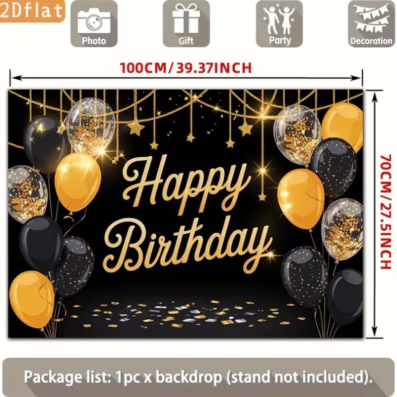 2D Black Gold Balloon Happy Birthday Backdrop Banner Photo Booth Background