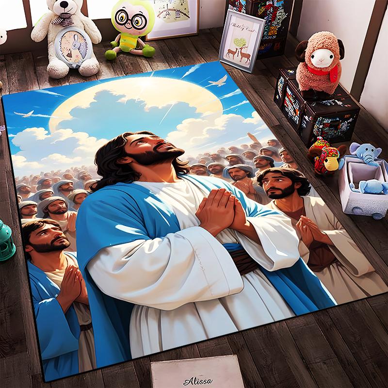 Der rutschfeste Teppich mit dem aufgedruckten betenden Jesus eignet sich für den Einsatz im Wohnzimmer und auf Schlafsofas.