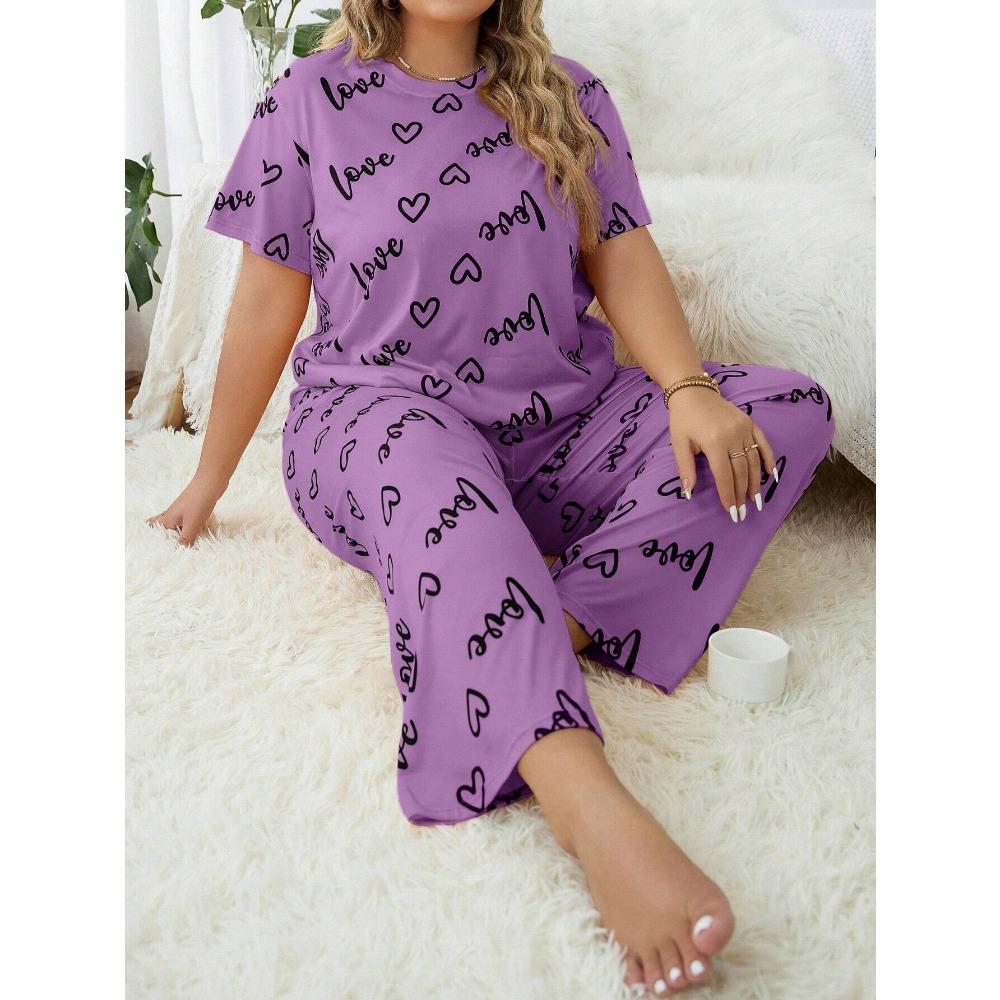 Plus Size 3XL 4XL 5XL Sleepwear Heart Letters Print 2 PCS Pajama Set Women's Casual Short-Sleeve Top and Pants Loungewear