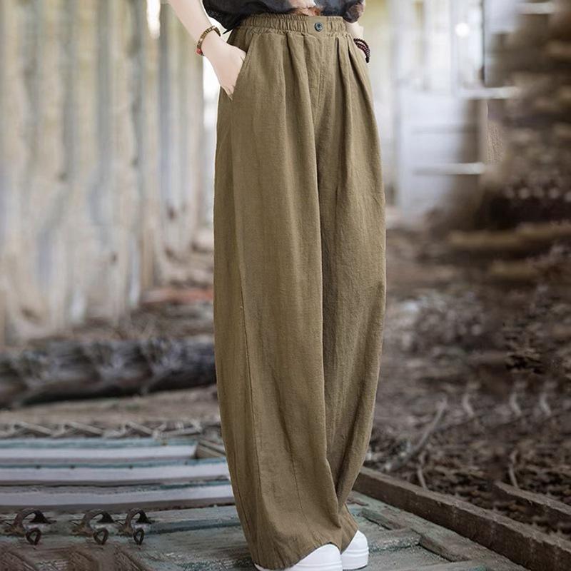 Solid Color Cotton and Linen Wide-leg Casual Pants Women's Spring and Summer 2025 New Loose Age-reducing Elastic Waist Retro Floor-mopping Trousers