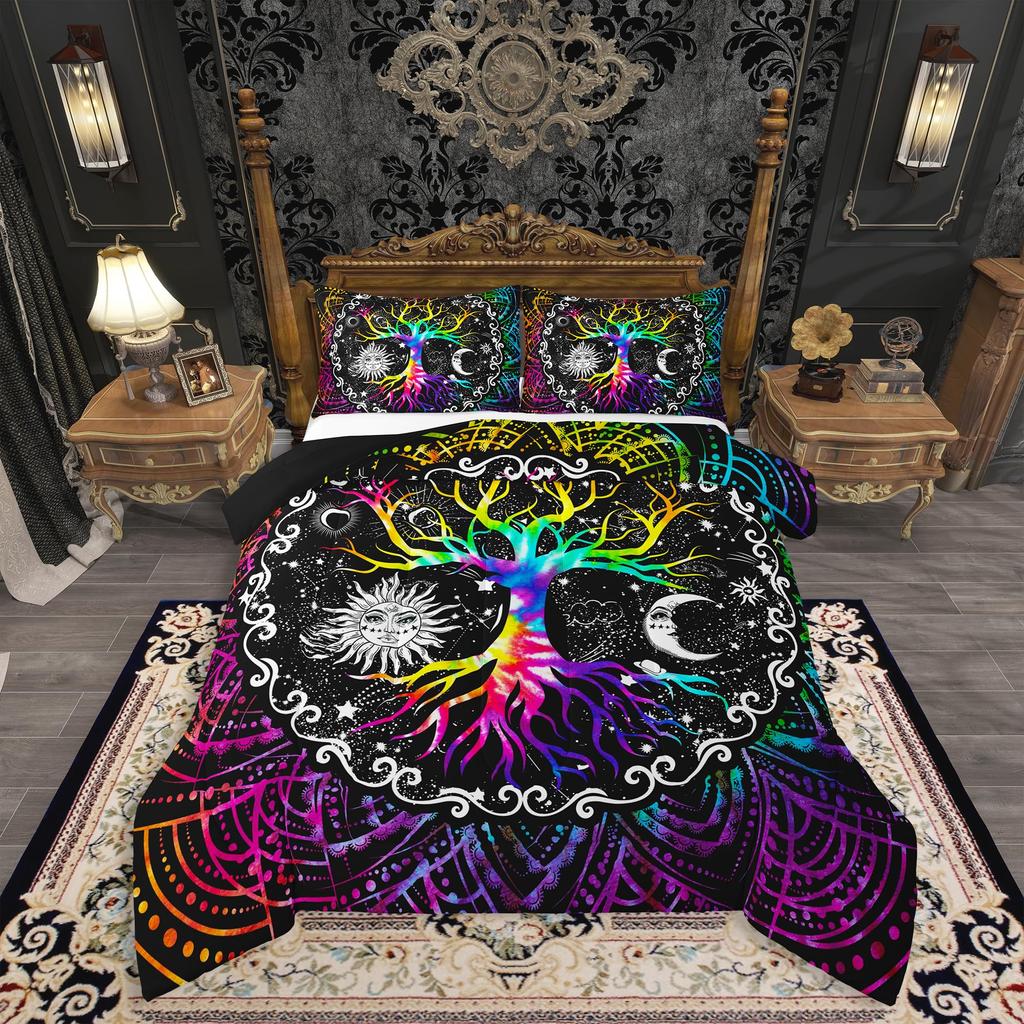 Erosebridal Sun and Moon Comforter Set Queen,Black and White Bedding Set for Kids Boys Girls,Psychedelic Tree of Life Down Comforter,Galaxy