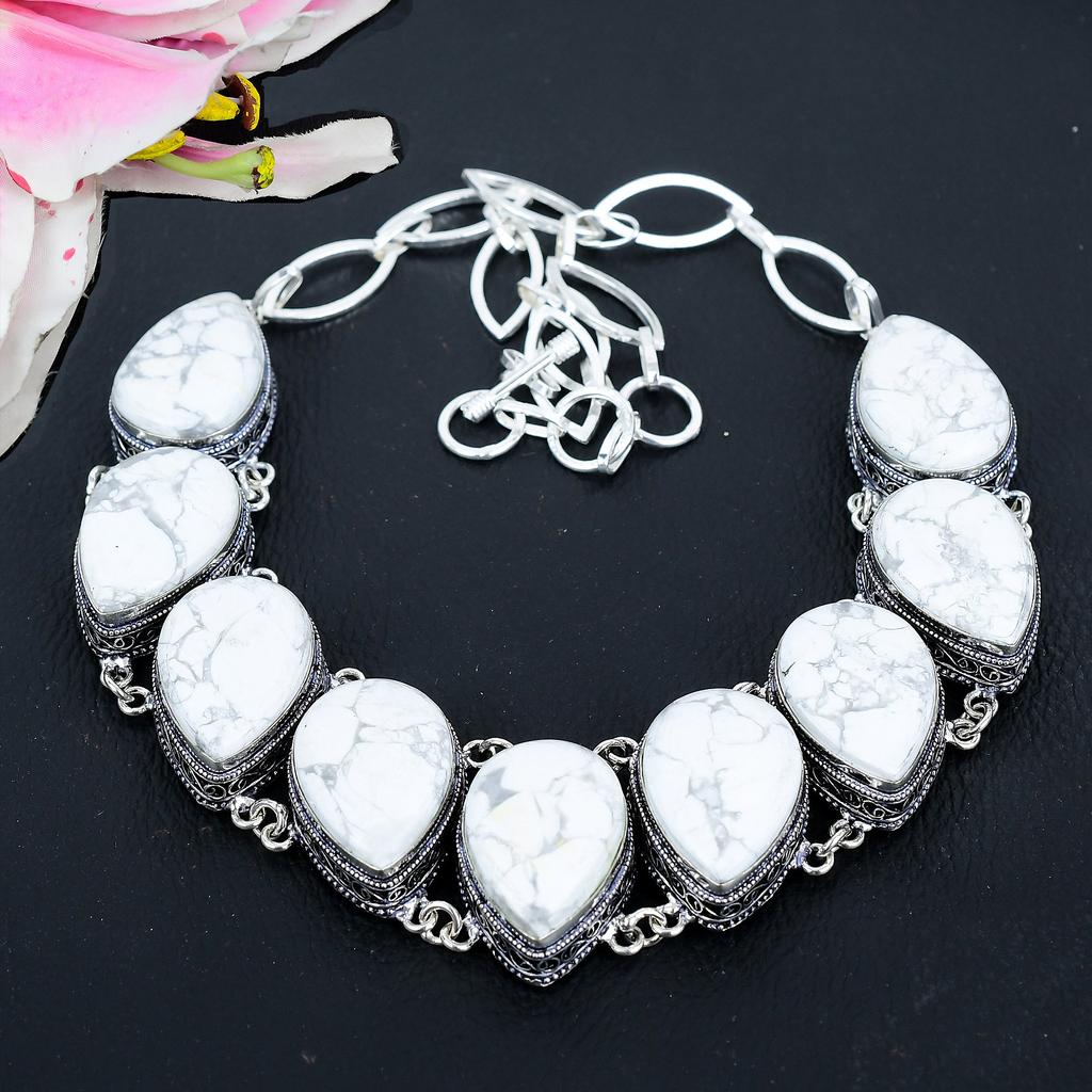 Howlite Jasper Gemstone Handmade 925 Sterling Silver Jewelry Necklace 18" KG-1636