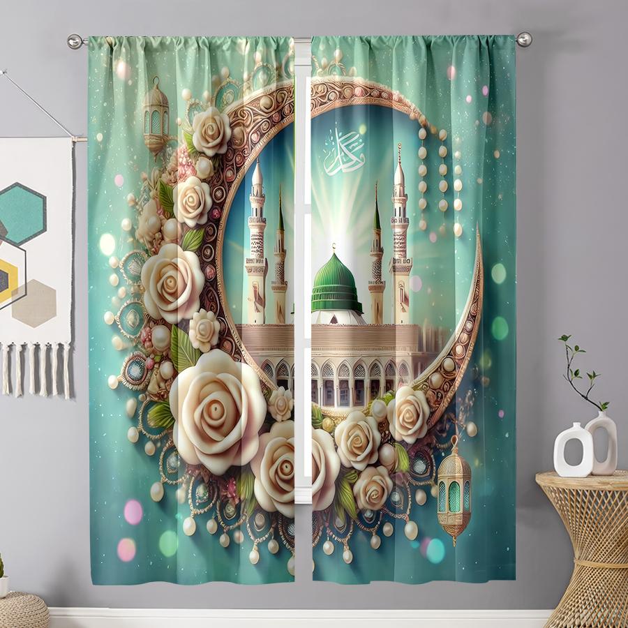 

2PCS Blue Bottom Islamic Element Floral Curtains Romantic Style Living Room and Bedroom Drawbar Pocket Decoration 100*130 Grommet Top 1pcs