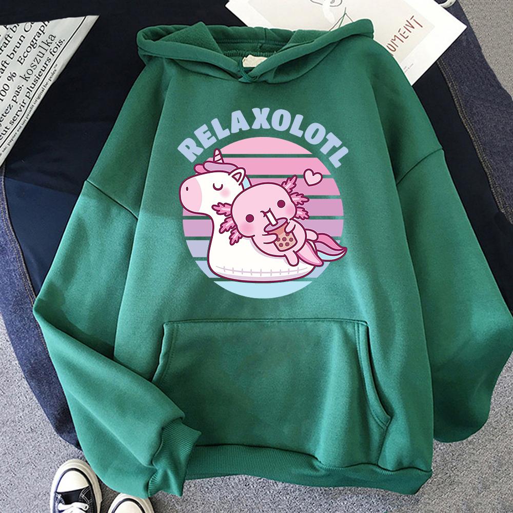 Cute Axolotl Chilling on Unicorn Pool Float Relaxolotl Hoodie Women Aesthetic Hoodies Unisex Autumn Winter Pullovers Sweatshirts