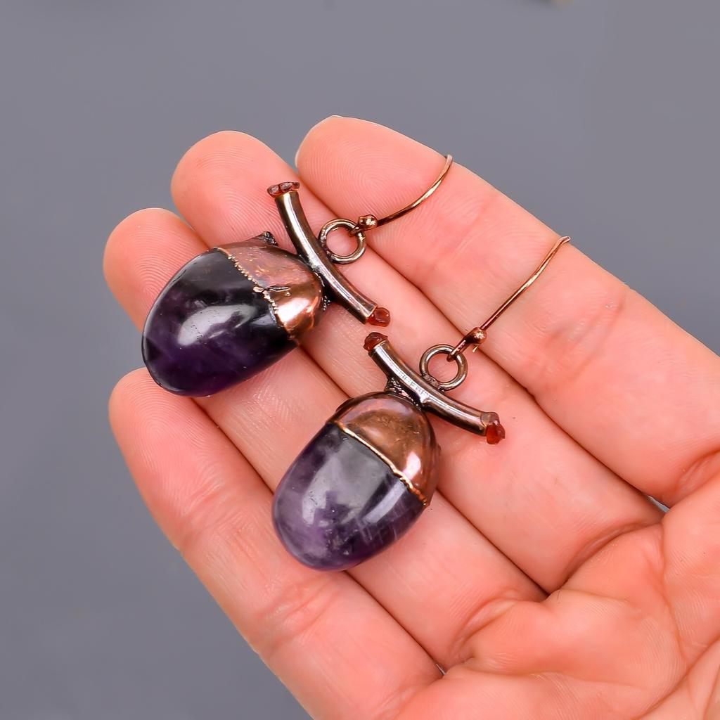 Natural Amethyst Copper Elegant February Dangle Drop Electroformed Hook Earrings V-107
