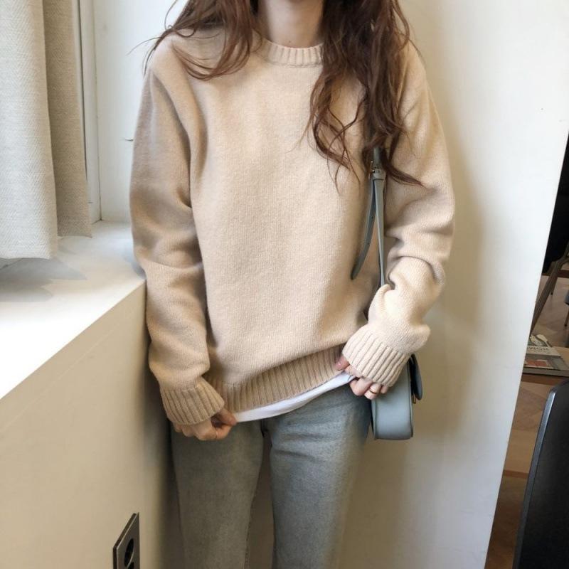 Lazy wind knitted sweater basic versatile round neck pullover blue sweater women's autumn and winter retro casual
