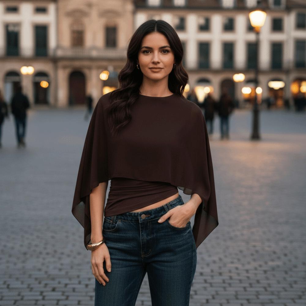 Ruched Waist Cape Sleeve Top Round Neck False Two-Piece Tops Batwing Sleeve Top Summer Wear
