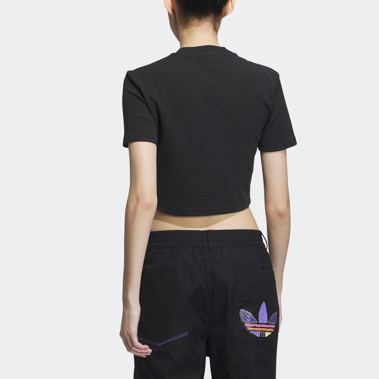 Adidas Originals Adiclub Crop Top with Logo Embroidery, Ribbed Knit, Round Neck, Short Sleeve Women Tops Black IP1788