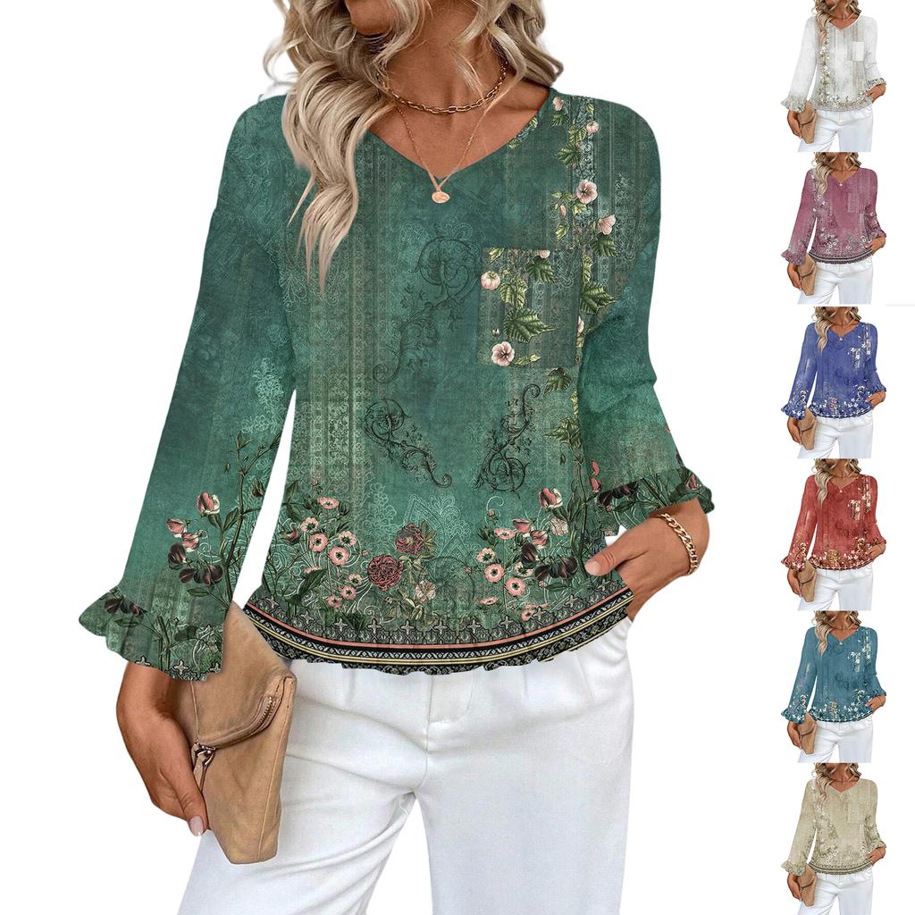 Women's Casual Fashion Ruffle V-Neck Pocket Retro Print Long Sleeve Top
