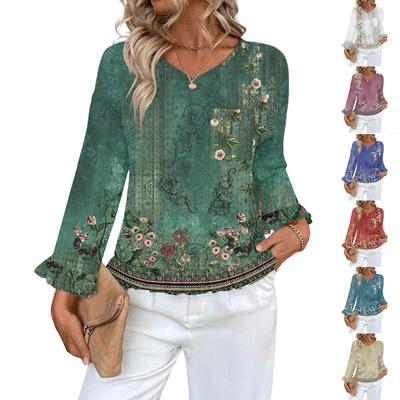 Women's Casual Fashion Ruffle V-Neck Pocket Retro Print Long Sleeve Top