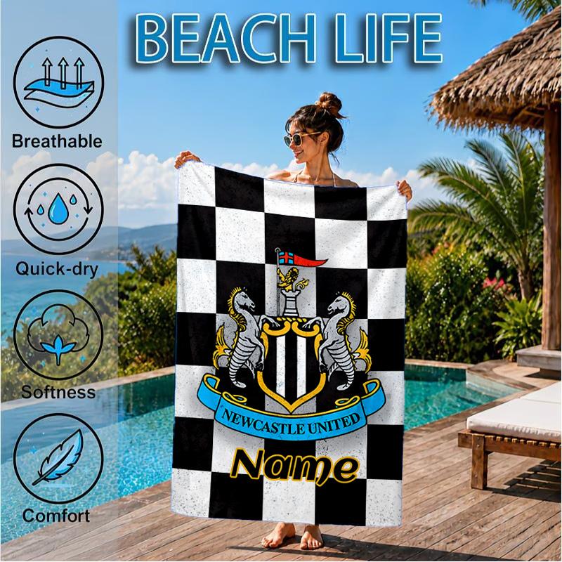 Custom Name Beach Towel Newcastle Football Crest Microfiber Beach Towel, Lightweight for Summer Travel, Swimming Pool Fan Birthday Gift