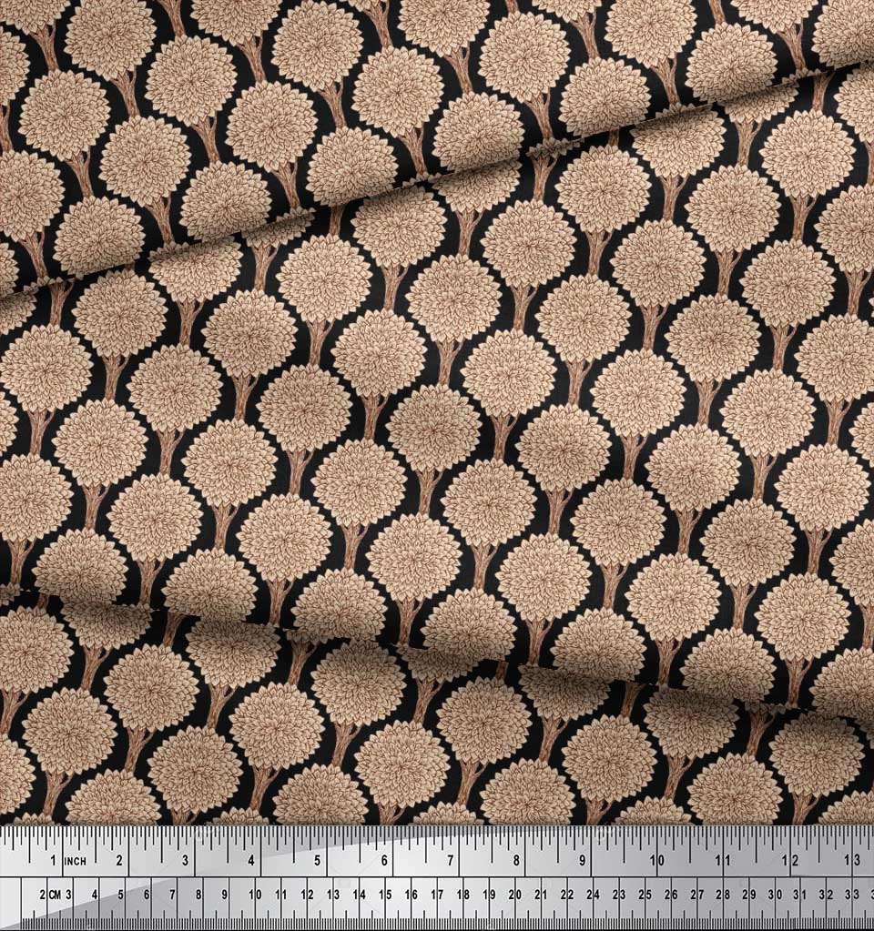 Soimoi Black Japan Crepe Satin Fabric Floral & Tree Print Fabric by the Yard 42 Inch
