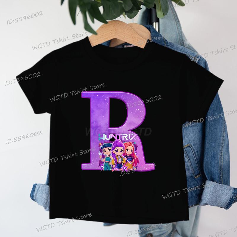 Clothes Child Girl KPop Demon Hunters Letters T-shirt for Children Cartoon Girls Boys Cotton Tee A-Z 26 Alphabet Kids Clothes