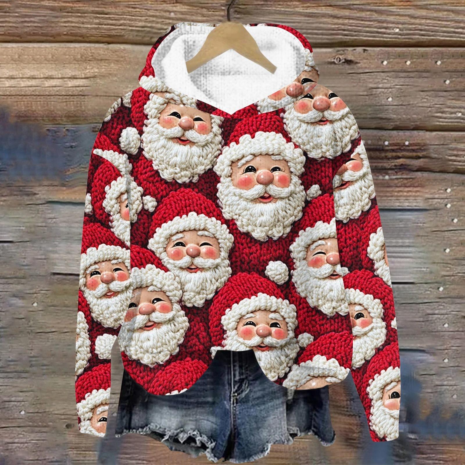 

Жіночий модний повсякденний в язаний пуловер з різдвяним принтом з довгим рукавом і толстовка XXXL червоний