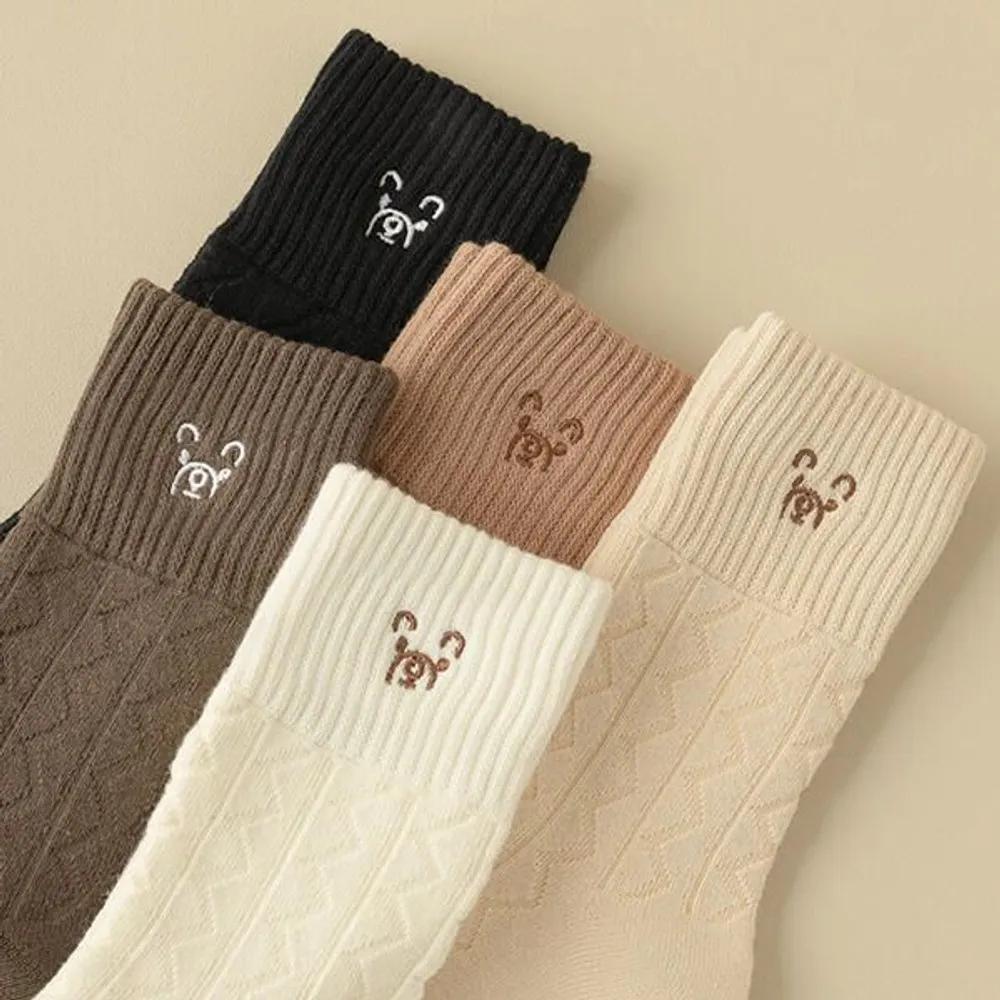 Holridge [Set of 5] Harip Teddy Bear Winter Thick Ribbed Long Socks Set of 5 / Free