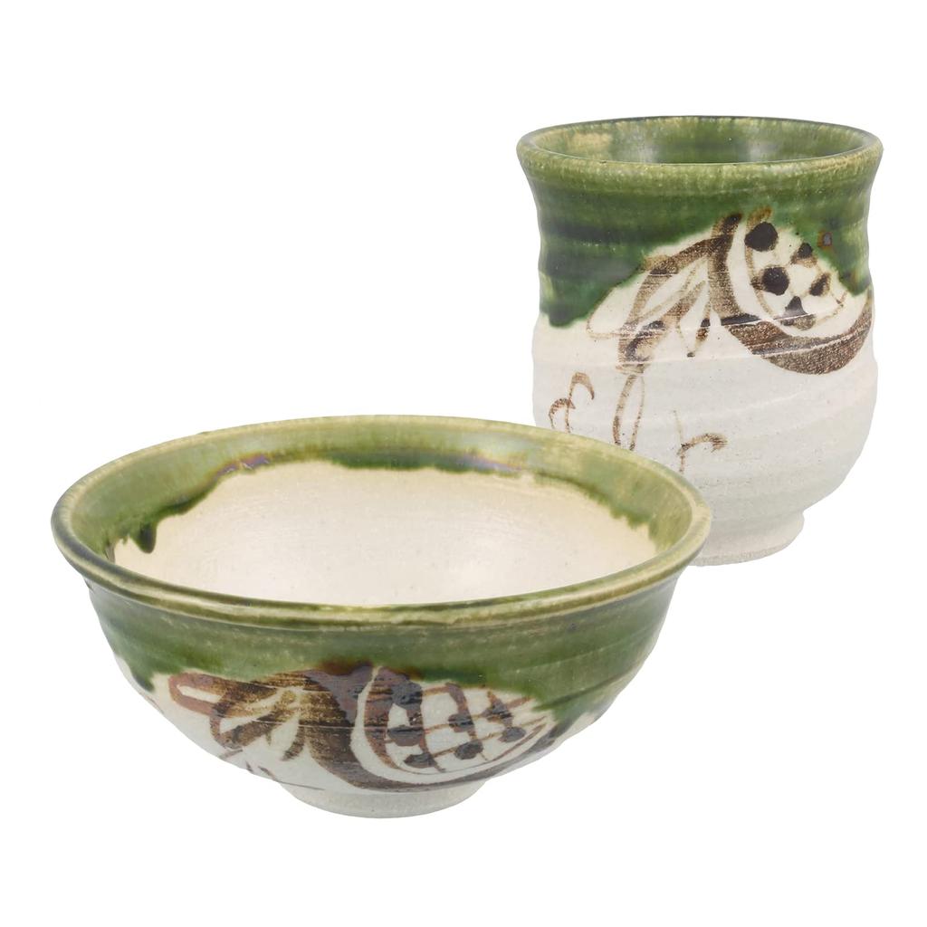 Seto ware Oribe iron painting rice bowl and teacup pair set for one made in product number "Nakajima Shiokusa" person, Japan, 004-0075p