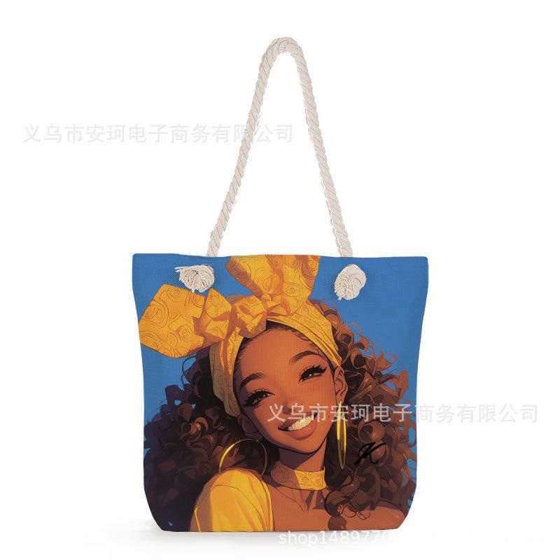 Multifunctional Fairy Tale Style Printed Thick Rope Shoulder Beach Bag Casual Large Capacity Handbag 0106 CLE