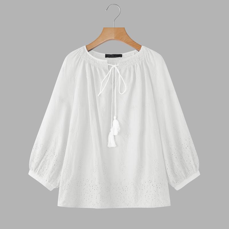 

ZANZEA Женская повседневная блузка свободного кроя с круглым вырезом и рукавами 3/4, связанная крючком S