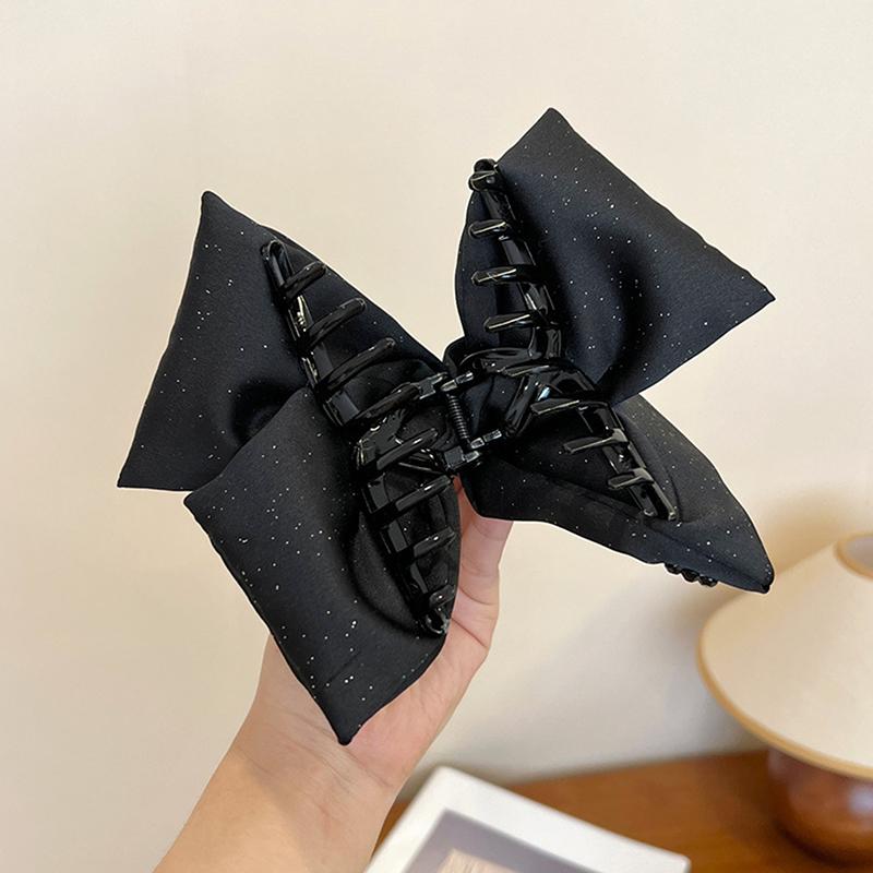 Vintage Soft Black Satin Hair Claw Rhinestone Hairpin Large Bow Ornament Women Hair Accessories