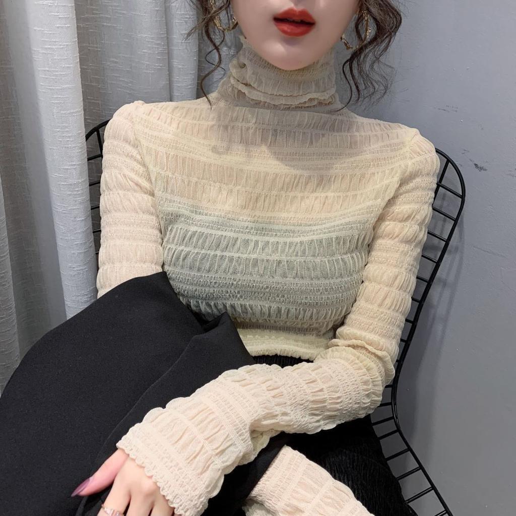 Women's Pile Collar Lace Blouse Solid Color Shirt  Long Sleeves and Mesh Pullover Top