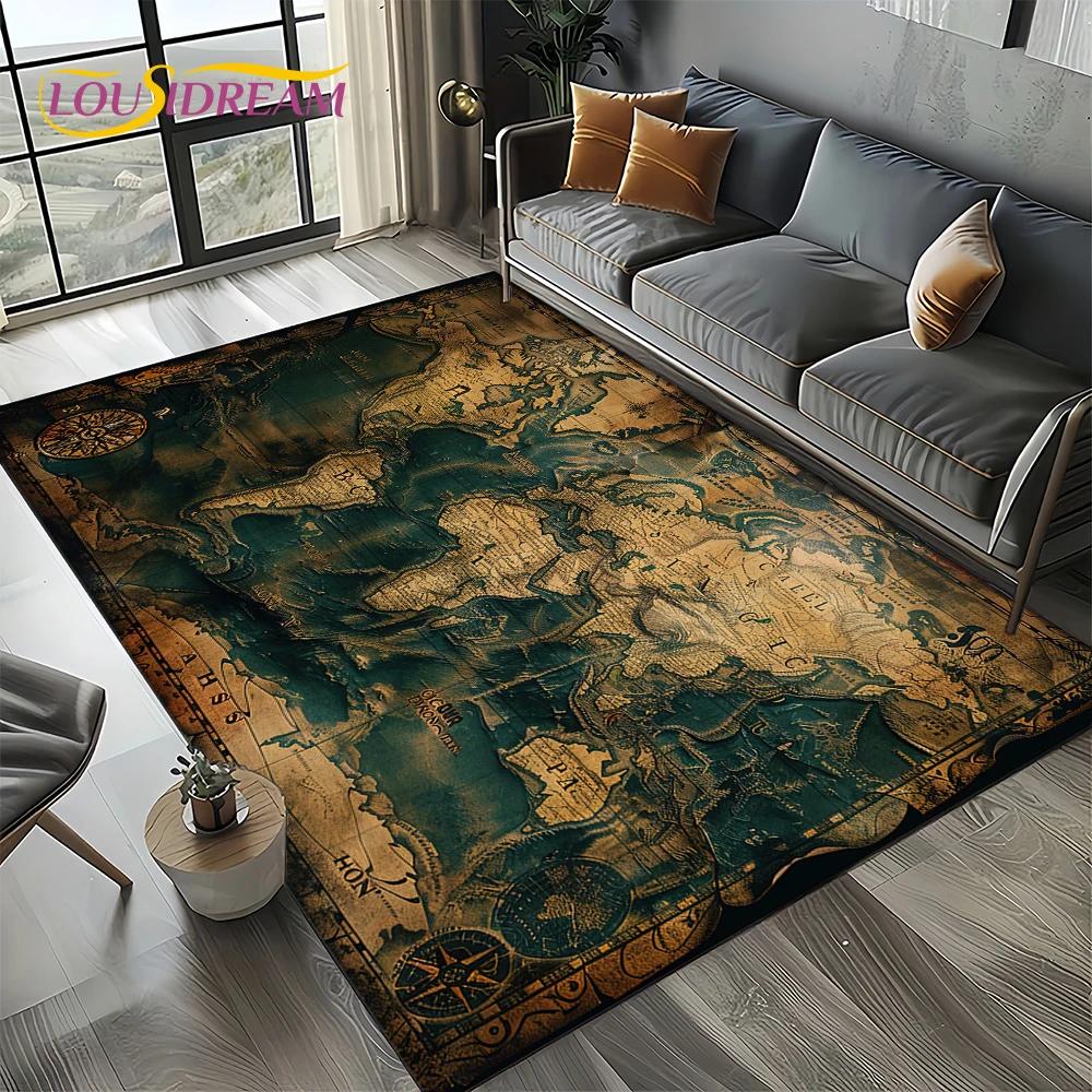2025 Retro Ancient Nautical Chart Kraft World Map Compass Carpet Rug for Living Room Bedroom Sofa Decoration,Non-slip Floor Mat