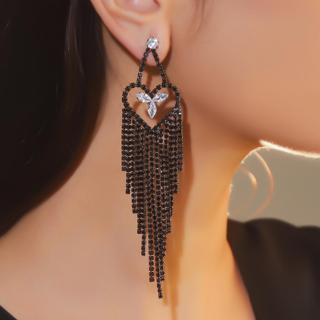 Stylish black electrophoresis long fringed earrings