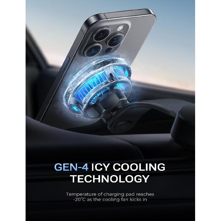 For MagSafe Car Mount Charger, [ICY Cooling Charging] 15W Wireless Car Charger Holder for iPhone 15 14 13 12 Pro Plus Max, Bendable Memory Titanium