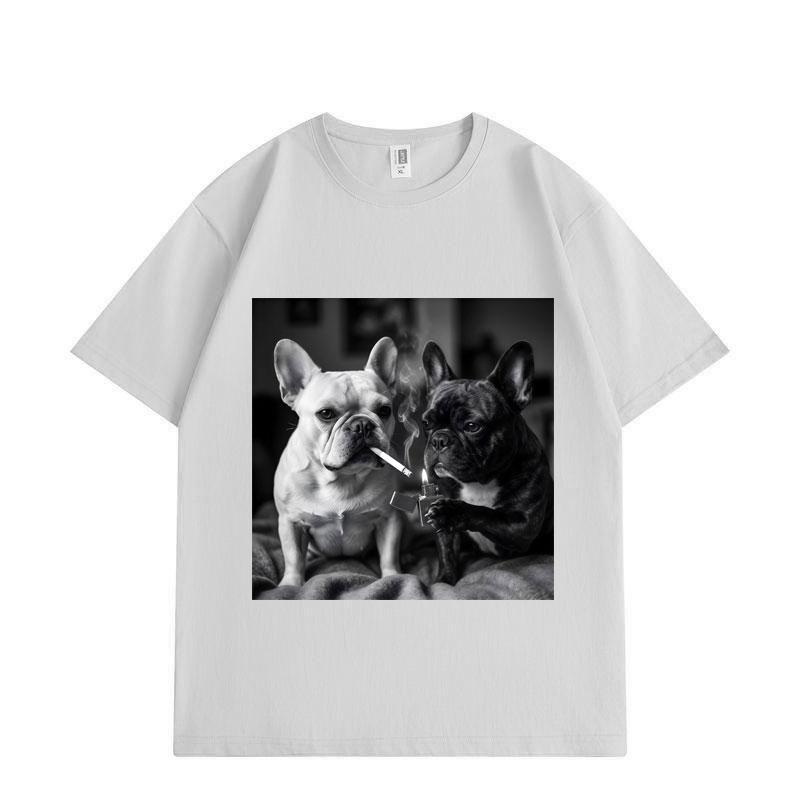 French Bulldog Smoking Funny Meme Graphic T Shirts Men Women Fashion Vintage Short Sleeve T-shirt Summer Cotton T-shirts