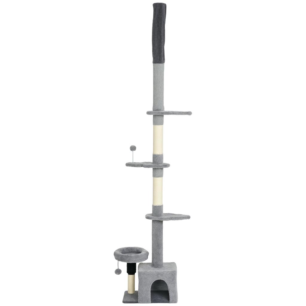 Floor-to-Ceiling Cat Tree, Height-Adjustable 225-255 Cm, Multiple Levels, Plush Covering, Grey