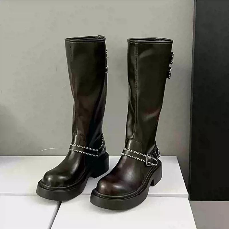 

Зимние женские сапоги в стиле ковбой в стиле вестерн, модные длинные сапоги с пряжкой на поясе, женские сапоги на платформе и толстом каблуке Botas Mujer 35