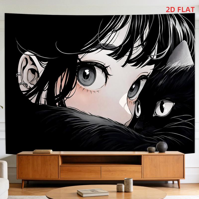 Cozy Anime Girl with Cat Tapestry, Aesthetic Wall Art for Bedroom, Living Room, Office & Meditation Space Decor