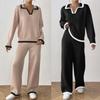 Damen S Zweiteiliges Set Polo-Kragen Langarmpullover und Weite Hosen