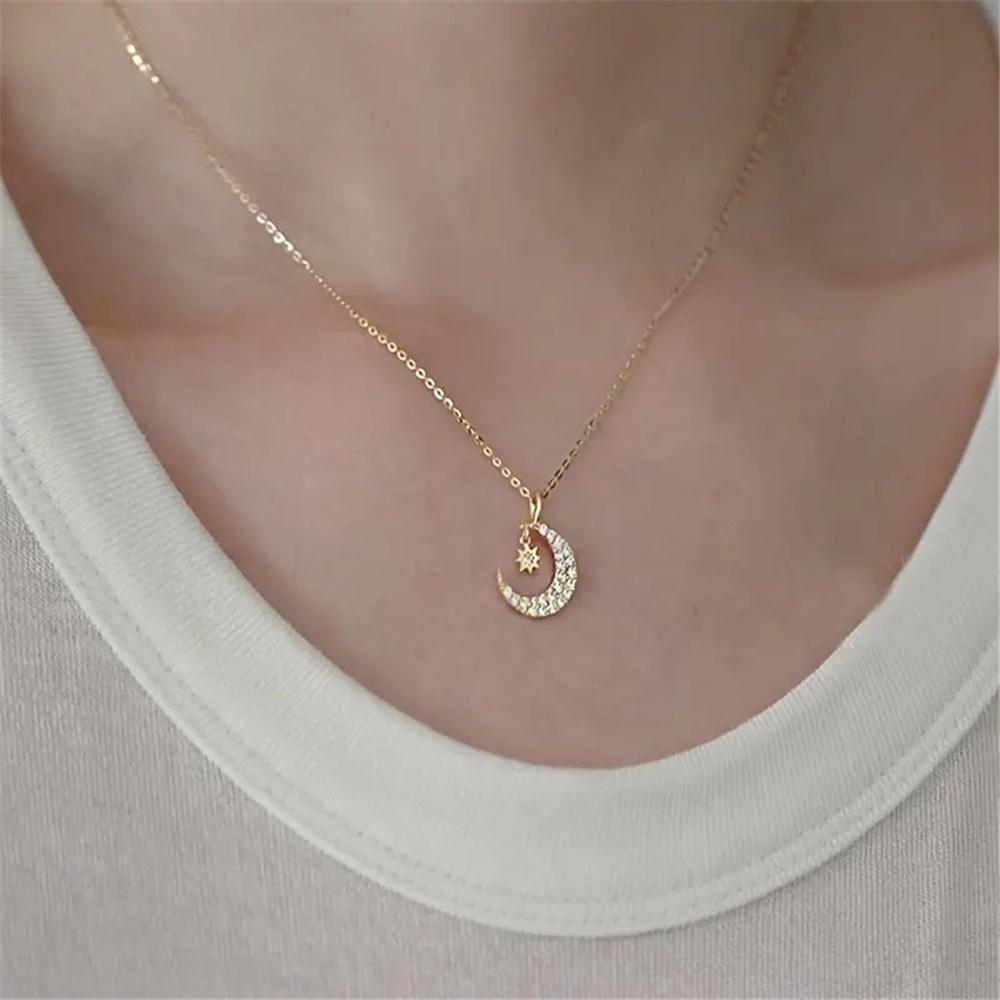Cute Female Crystal White Zircon Stone Moon Star Pendant Necklace Vintage Gold Color Wedding Jewelry For Women