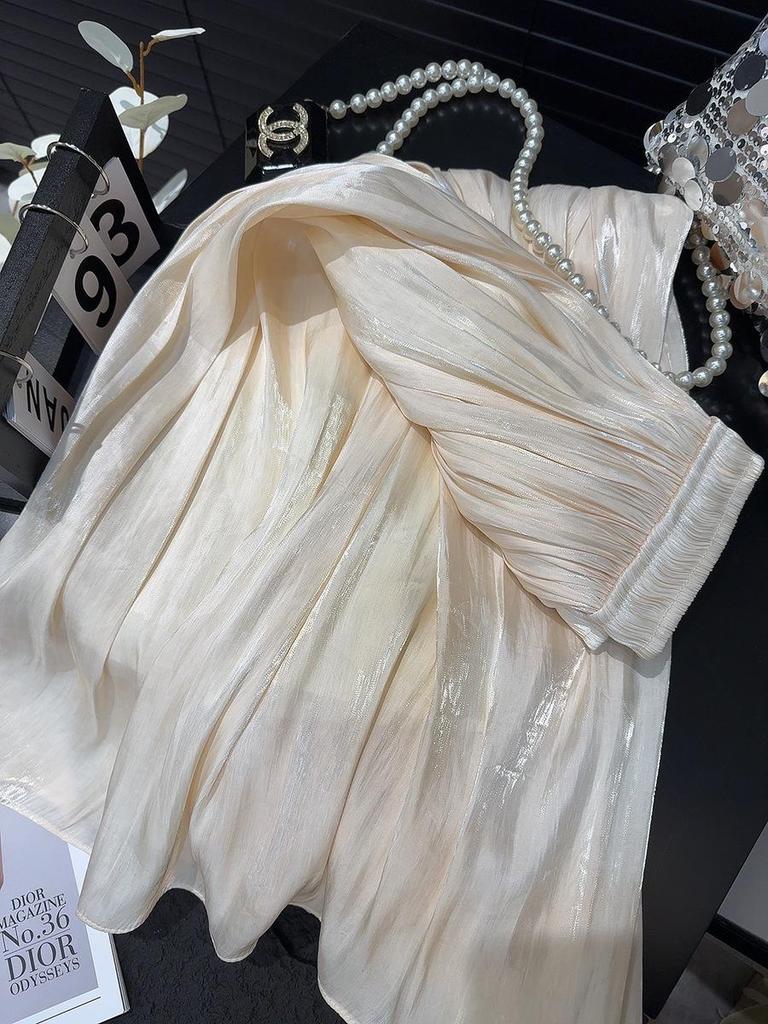 High-Waisted Retro Pleated A-Line Chiffon Skirt with Pearlescent Sheen