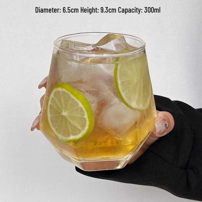 VAKADA Diamond Hexagonal Glass Tumbler Set, 300ml (6-pack)