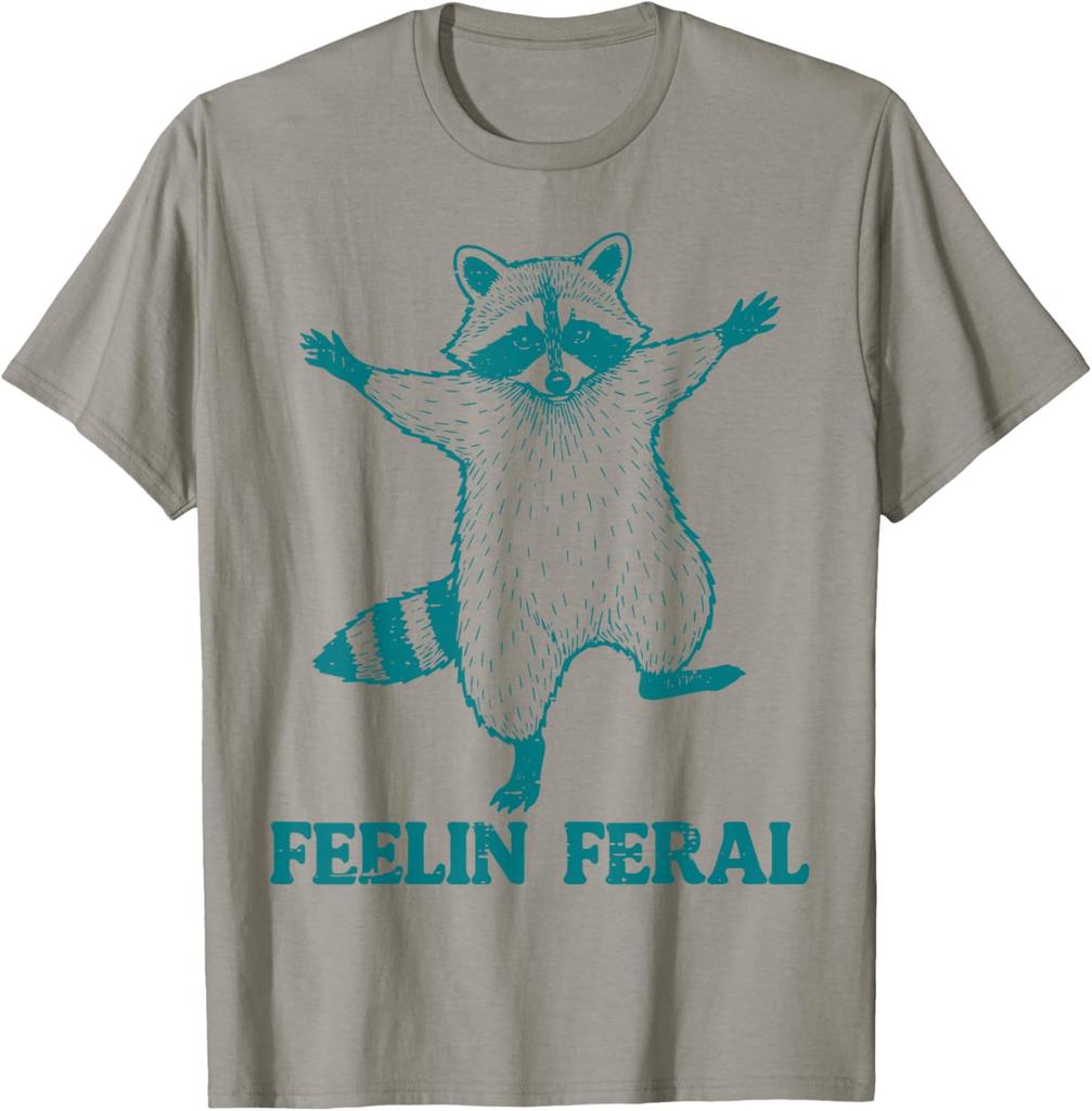 Raccoon Feelin Feral Funny Graphic Tee Casual Short Sleeve Cotton TShirt for Men Women