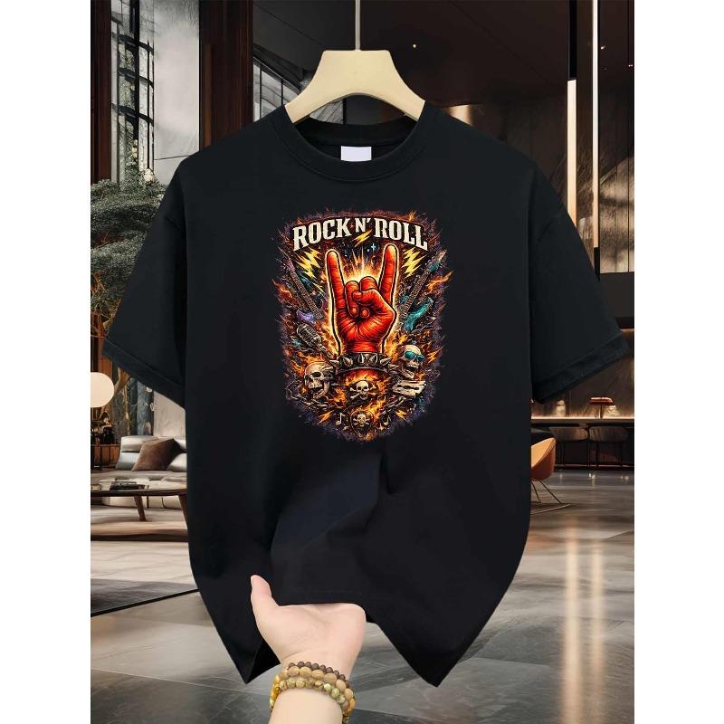 European Size Rock N Roll Men's Cotton TShirt Flaming Hand Sign Guitar Skull Print Pattern Pure Cotton Premium Print Durable Casual Fashion