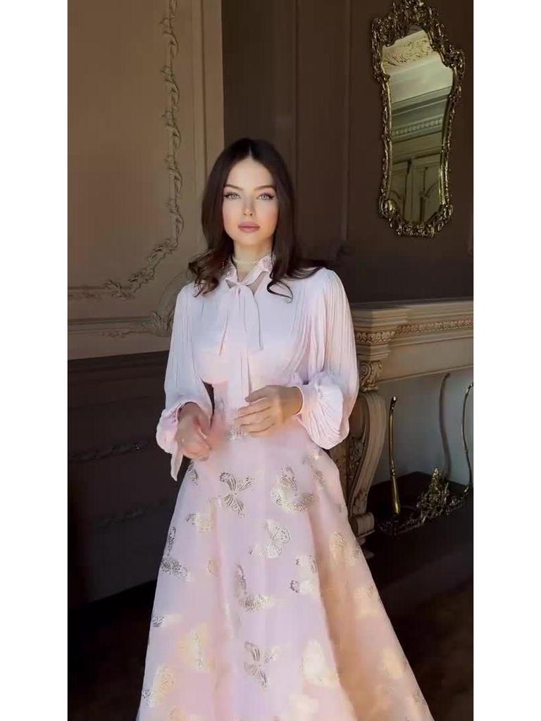 2025 Spring Elegant Long Sleeve Gold-Stamped Romantic Dress for Women