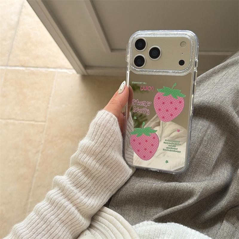 New 2026 Mirror Surface Pink Polka Dot Strawberry Phone Case For iPhone 17 Pro 16 15 14 17 Pro Max Shockproof Cover Girl