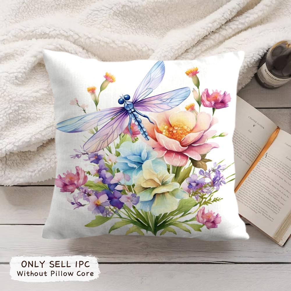 Dragonfly And Flower Cushion Cover Soft Short Plush Pillow Cover Smooth Cozy Texture Aesthetic Cushion Case Home Decor