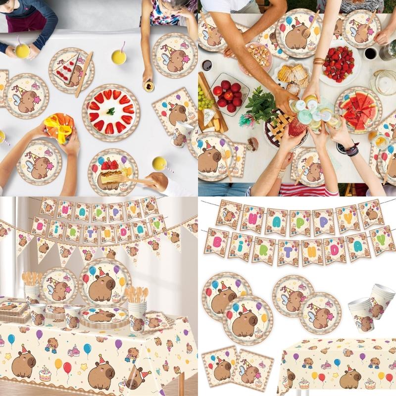 Party Decorations Set With Cartoon Capybara Design Paper Cups Dishes Hanging Flags For Indoor Outdoor Celebration