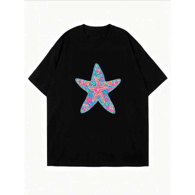 White Crew Neck T Shirt With Colorful Starfish Print For Beach And Summer Outfits